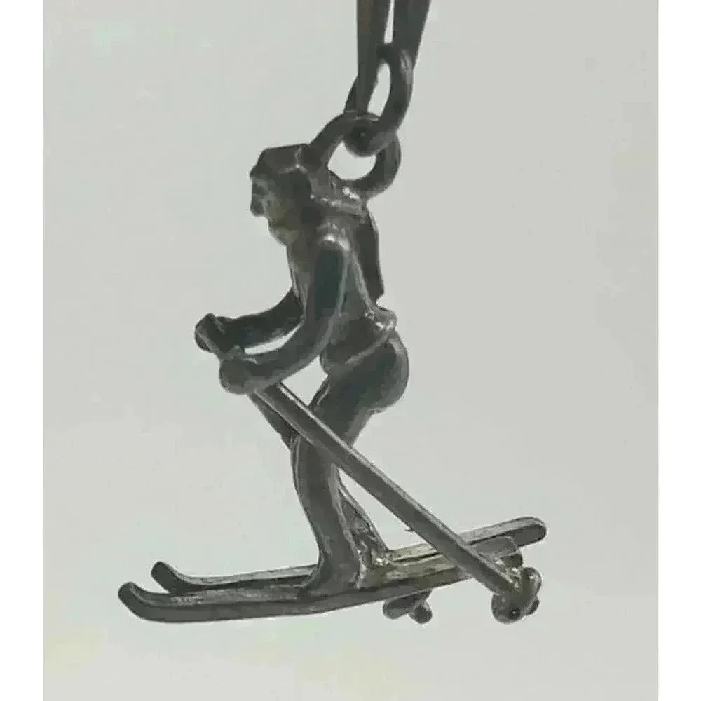 Vintage Ski Sterling Silver 925 Charm Skier Pendant Large 3D Figural Detailed